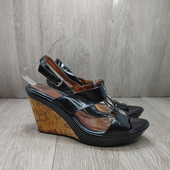 SOFFT Black Patent Leather Cork Wedge Montera Sandals T Strap Sling Back size 10 - Picture 2 of 12